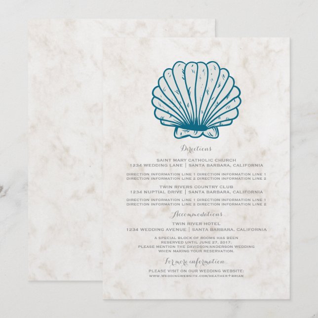 Royal Blue Rustic Seashell Wedding Information Einladung (Vorne/Hinten)