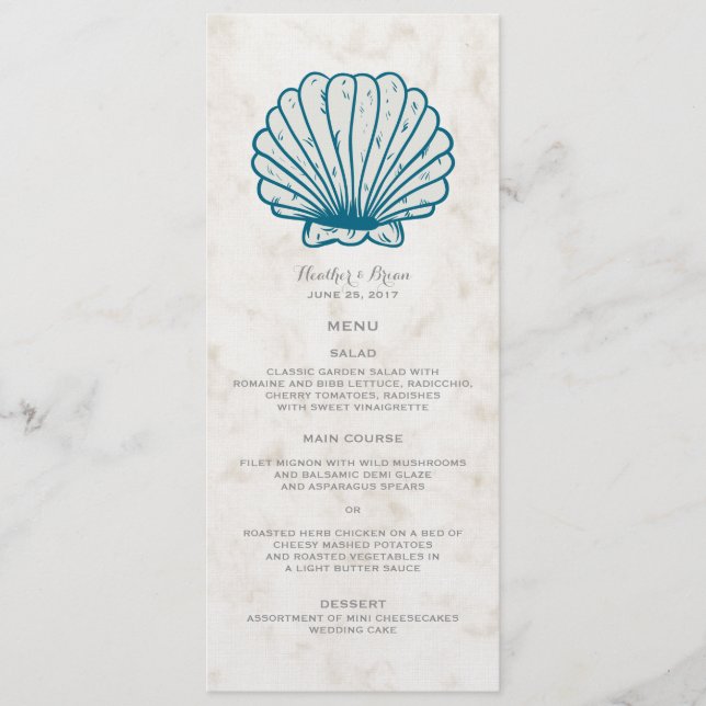 Royal Blue Rustic Seashell Wedding Menu Menükarte (Vorderseite)