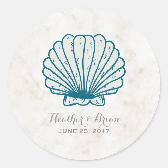 Royal Blue Rustic Seashell Wedding Runder Aufkleber (Vorderseite)