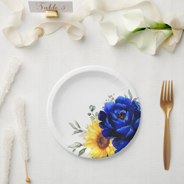 Royal Blue Rustic Sonnenblume Moderne Blumenhochze Pappteller (Hochzeit)