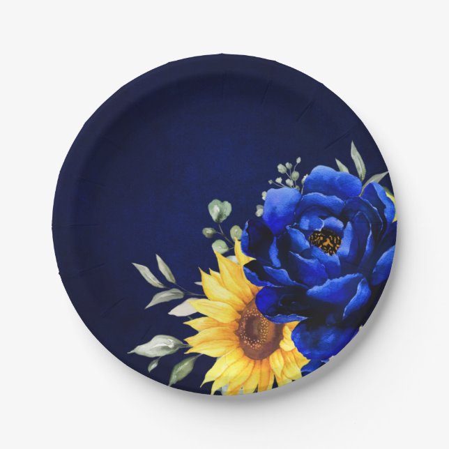 Royal Blue Rustic Sonnenblume Moderne Blumenhochze Pappteller (Vorderseite)