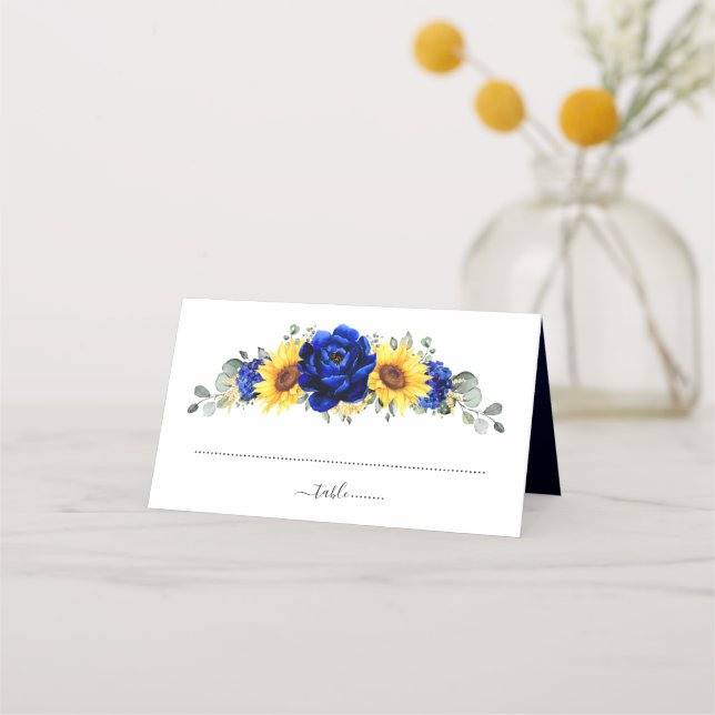 Royal Blue Rustic Sonnenblume Moderne Blumenhochze Platzkarte (Vorderseite)