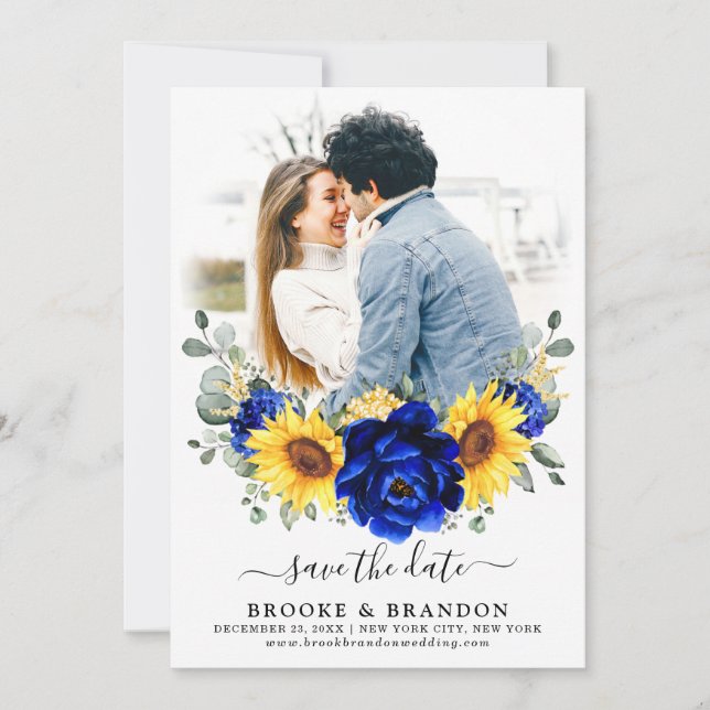 Royal Blue Rustic Sonnenblume Moderne Blumenhochze Save The Date (Vorderseite)