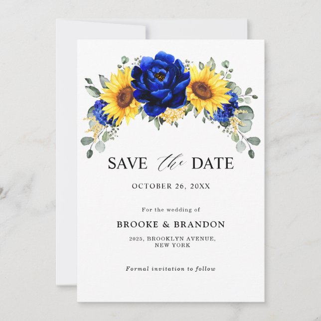 Royal Blue Rustic Sonnenblume Moderne Blumenhochze Save The Date (Vorderseite)