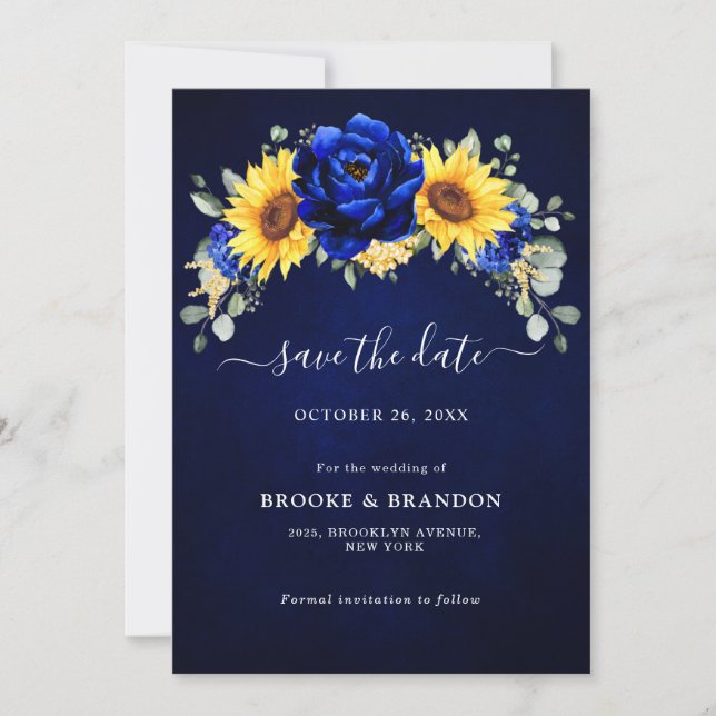 Royal Blue Rustic Sonnenblume Moderne Blumenhochze Save The Date (Vorderseite)