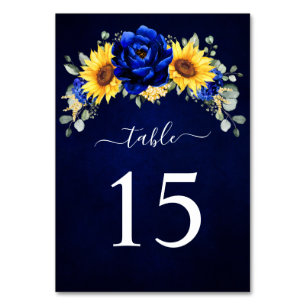 Royal Blue Rustic Sonnenblume Moderne Blumenhochze Tischnummer