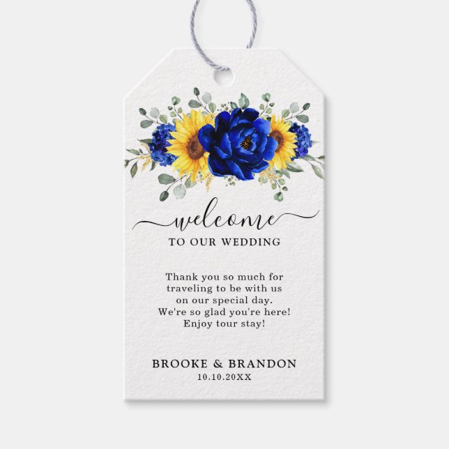 Royal Blue Rustic Sonnenblume Moderne Hochzeit Wil Geschenkanhänger (Vorderseite)