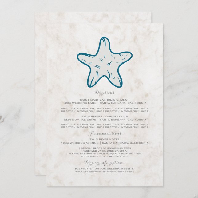 Royal Blue Rustic Starfish Hochzeitsinformationen Einladung (Vorne/Hinten)