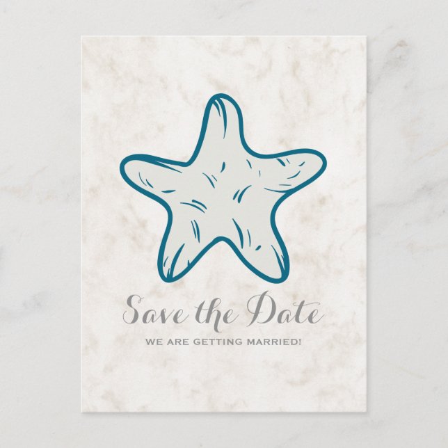 Royal Blue Rustic Starfish Save the Date Postcard Ankündigungspostkarte (Vorderseite)