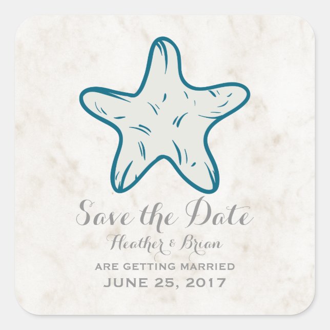 Royal Blue Rustic Starfish Save the Date Quadratischer Aufkleber (Vorderseite)