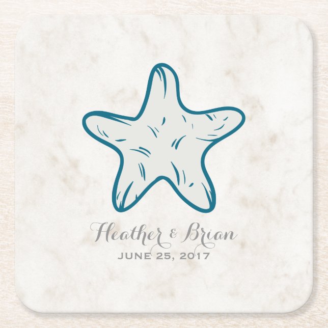 Royal Blue Rustic Starfish Wedding Rechteckiger Pappuntersetzer (Vorderseite)