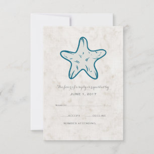 Royal Blue Rustic Starfish Wedding RSVP Card Karte
