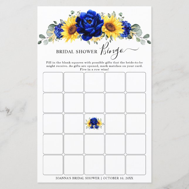 Royal Blue Rustic Sunflower Brautparty Bingo (Vorderseite)