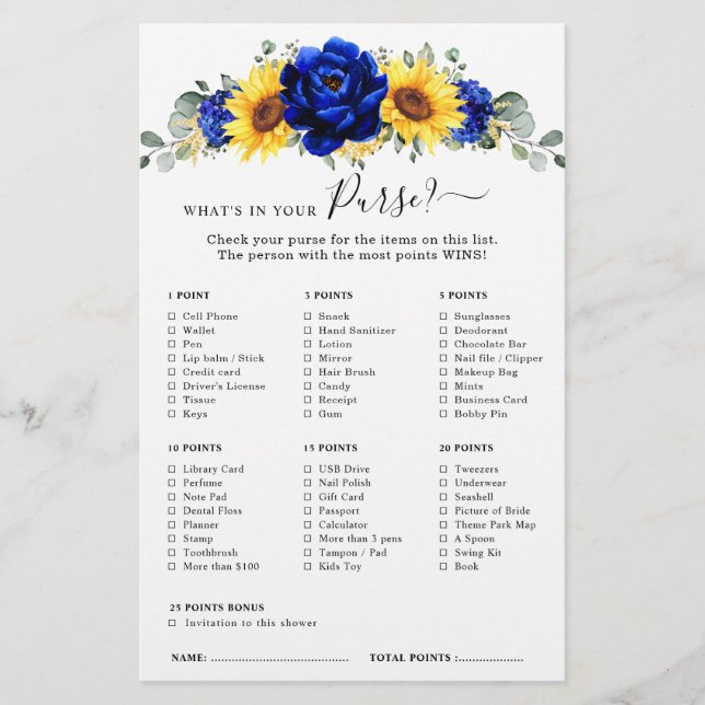 Royal Blue Rustic Sunflower Brautparty Game (Vorderseite)