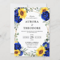 Royal Blue Rustic Sunflower Geometric Wedding Inv