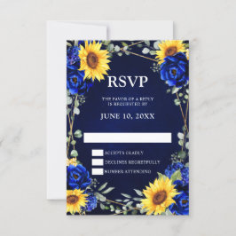 Royal Blue Rustic Sunflower Geometric Wedding RSV RSVP Karte