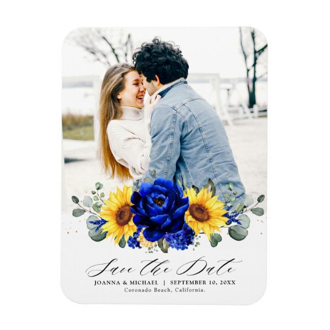 Royal Blue Rustic Sunflower Modern Save the Date Magnet (Vertikal)