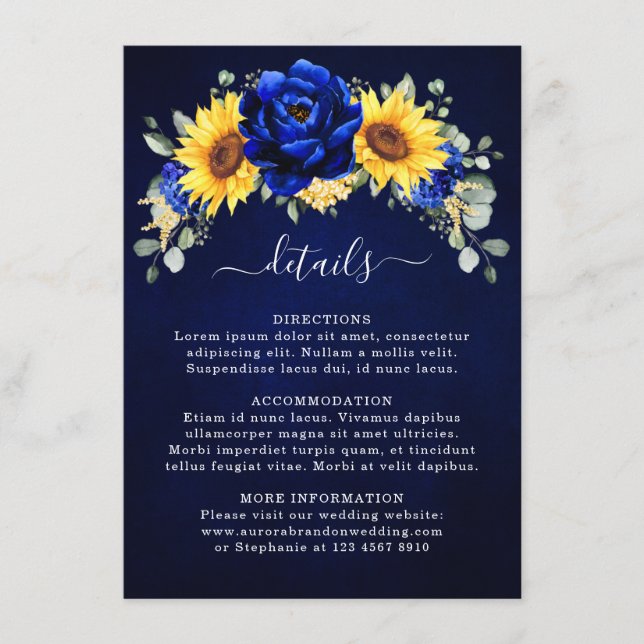 Royal Blue Rustic Sunflower Modern Wedding Details Begleitkarte (Vorderseite)