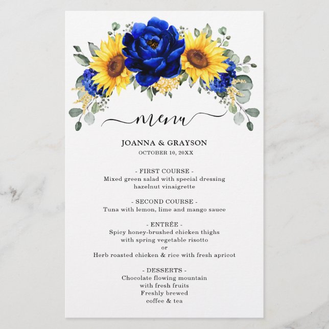 Royal Blue Rustic Sunflower Modern Wedding Menu (Vorderseite)