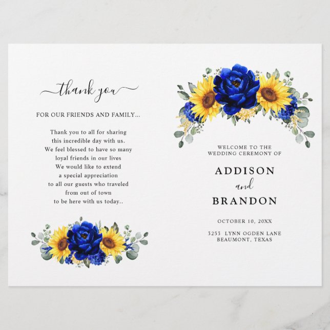 Royal Blue Rustic Sunflower Modern Wedding Program (Vorderseite)