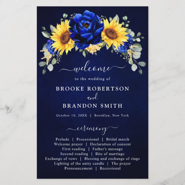 Royal Blue Rustic Sunflower Modern Wedding Program (Vorderseite)
