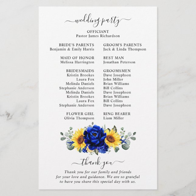 Royal Blue Rustic Sunflower Modern Wedding Program (Rückseite)
