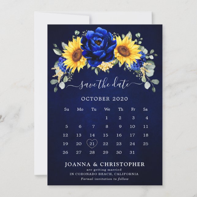 Royal Blue Rustic Sunflower Moderner Blumenkalende Save The Date (Vorderseite)