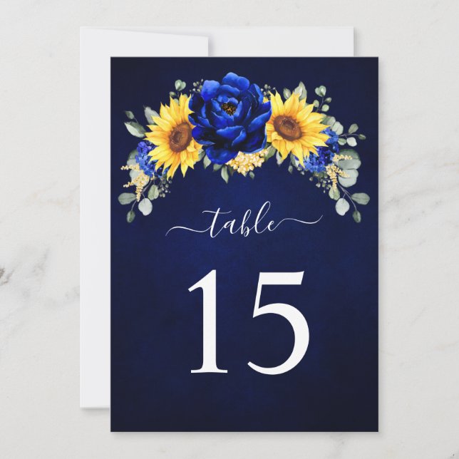 Royal Blue Rustic Sunflower Tischnummer Card (Vorderseite)