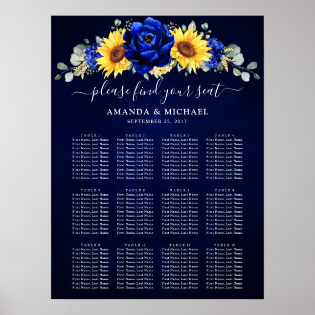 Royal Blue Rustic Sunflower Wedding Chart Poster (Vorne)