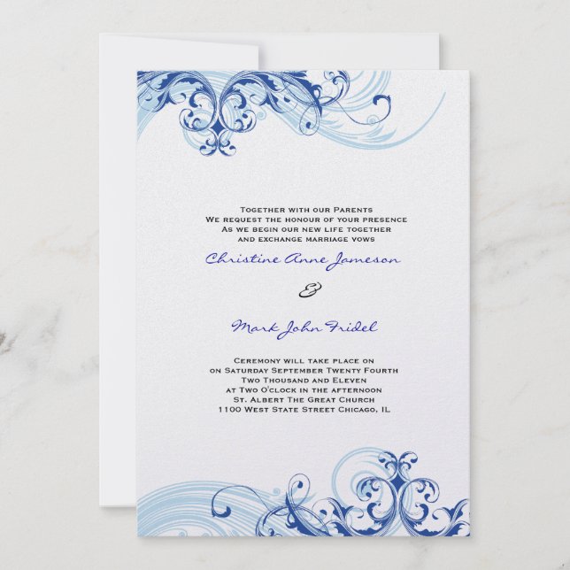 Royal Blue Scroll Fleurish Wedding Einladung (Vorderseite)