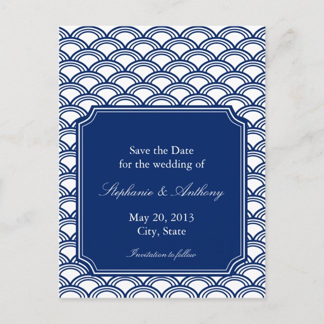 Royal Blue Seigaiha Pattern Wedding Save the Date Ankündigungspostkarte (Vorderseite)