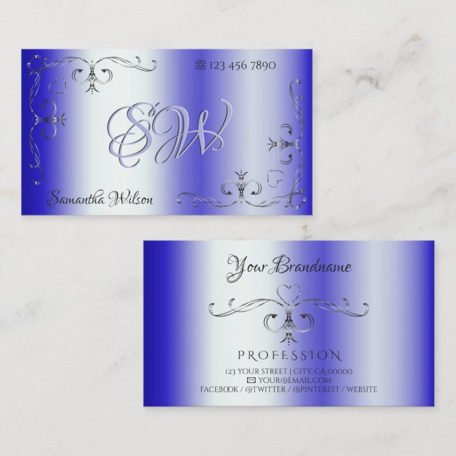 Royal Blue Shimmery Verziert Corner Border Initial Visitenkarte (Vorne/Hinten)