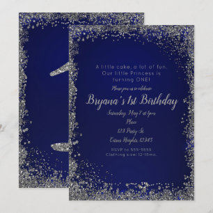 Royal Blue Silber Glitter Glam 1. Geburtstagsfeier Einladung