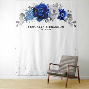 Royal Blue Silber Metallic Floral Wedding Wandteppich