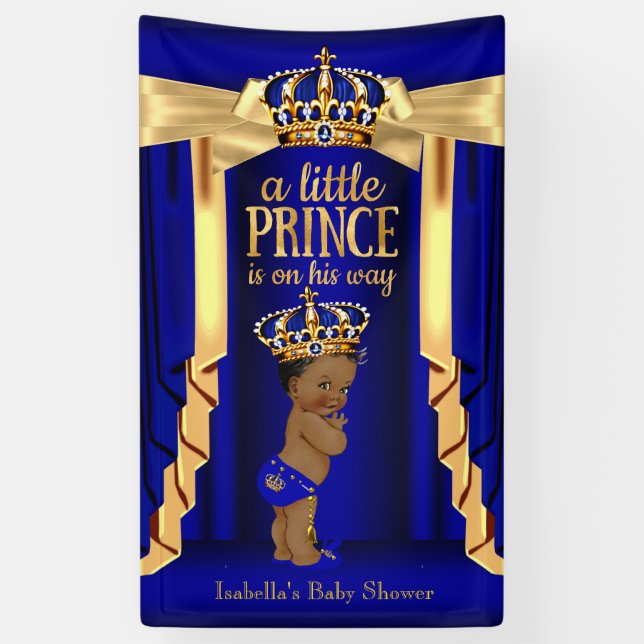 Royal Blue Silk Gold Crown Baby Shower Ethnic Banner (Vertikal)