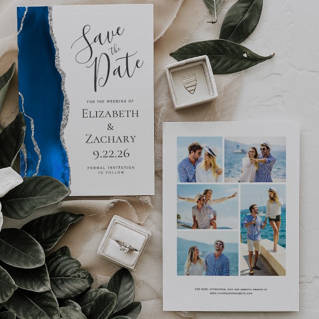 Royal Blue Silver Agate 5-Foto Save the Date Einladung (Von Creator hochgeladen)