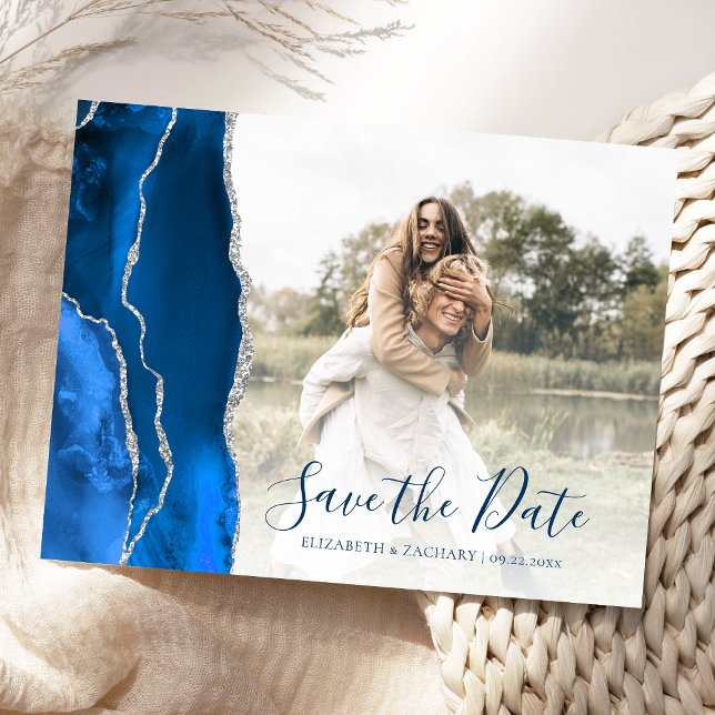 Royal Blue Silver Agate Custom Photo Save the Date Postkarte (Von Creator hochgeladen)
