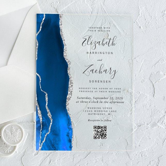 Royal Blue Silver Agate QR Code Wedding Acryleinladungen (Von Creator hochgeladen)