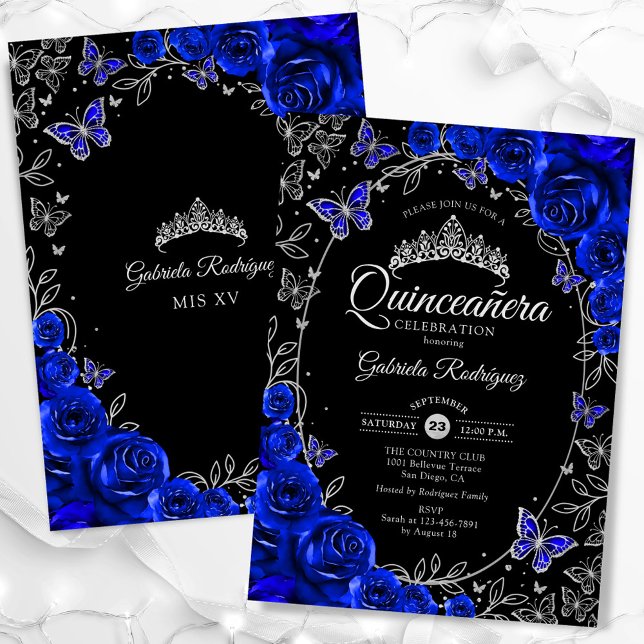Royal Blue Silver Black Quinceanera Einladung (Von Creator hochgeladen)