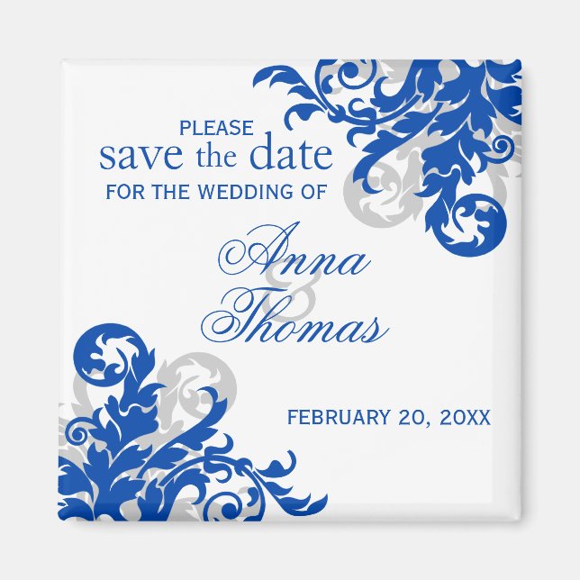 Royal Blue Silver Blühte Save the Date Magnet (Vorne)