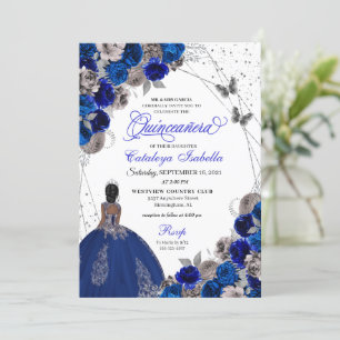 Royal Blue Silver Butterfly Princess Quinceanera Einladung