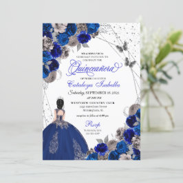 Royal Blue Silver Butterfly Princess Quinceanera Einladung