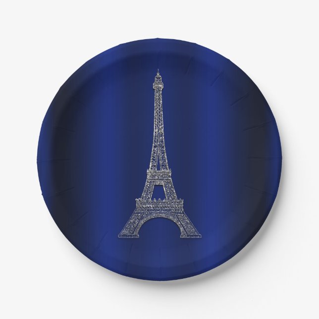 Royal Blue Silver Eiffel Tower Paris Chic Wedding Pappteller (Vorderseite)
