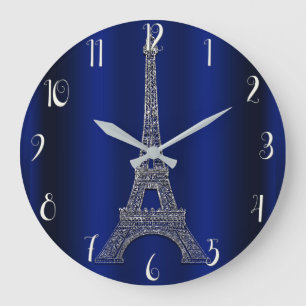 Royal Blue & Silver Eiffel Tower Paris Modern Glam Große Wanduhr
