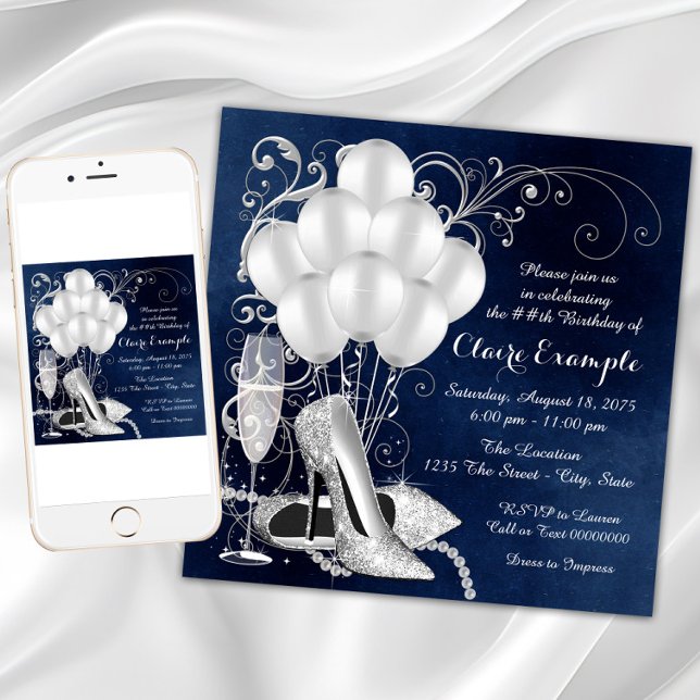 Royal Blue Silver Elegante Geburtstagsparty Einladung (Womans Royal Blue Silver Elegant Birthday Party Invitation with silver high heel shoes and pearls.)