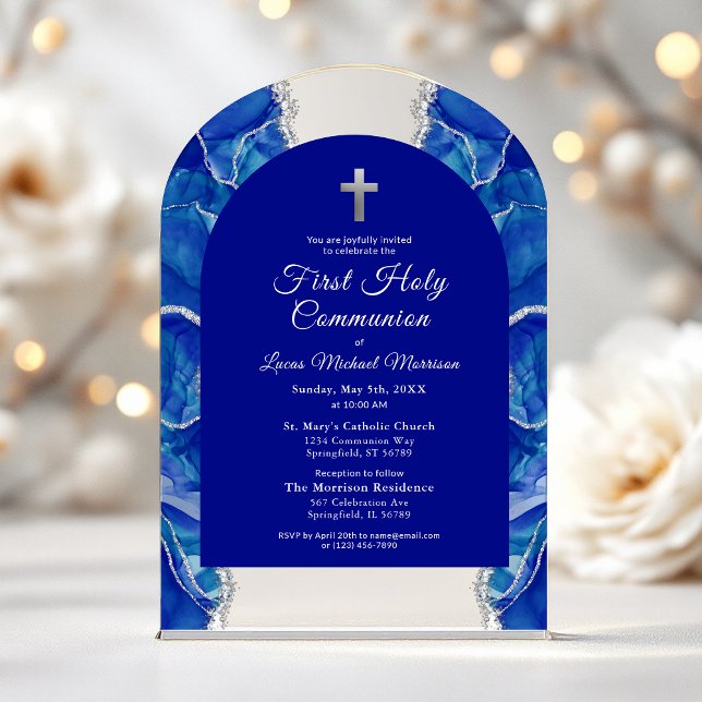 Royal Blue Silver First Holy Communion Elegante Acryleinladungen (Von Creator hochgeladen)