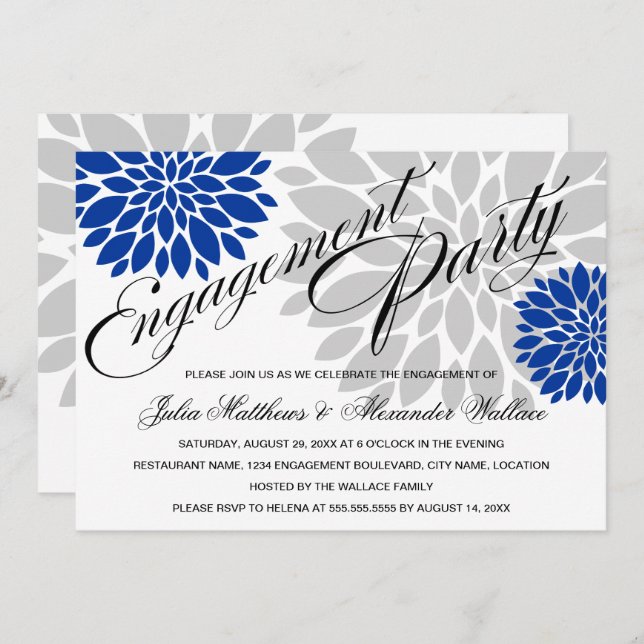 Royal Blue Silver Floral Burst Engagement Party Einladung (Vorne/Hinten)