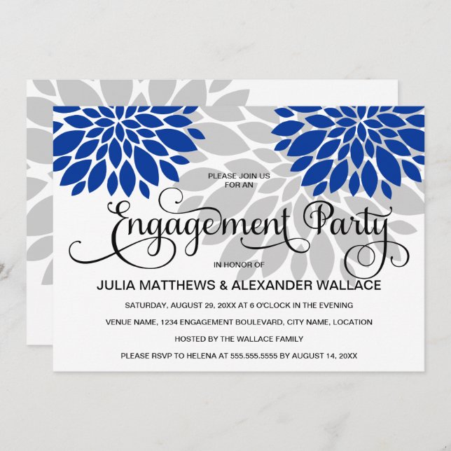 Royal Blue Silver Floral Burst Engagement Party Einladung (Vorne/Hinten)