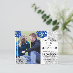 Royal Blue Silver Floral Burst Foto Save the Date Ankündigungspostkarte