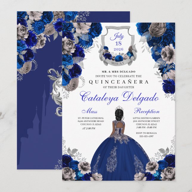 Royal Blue & Silver Floral Elegante Quinceañera Einladung (Vorne/Hinten)